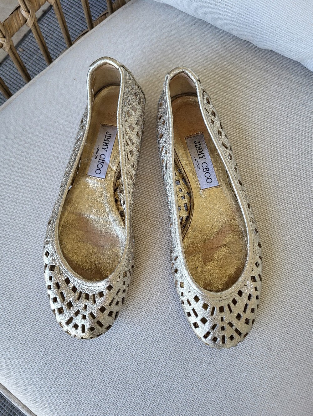 Jimmy Choo Metallic Gold Cutout Leather Flats – Size 38 (US 7.5/8)